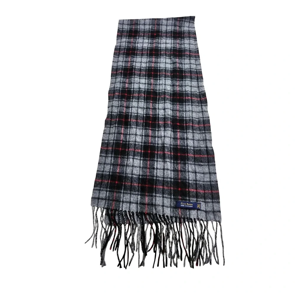 Club Room Scarf Grey Black Red Plaid 100% Cashmere Fringe Trim Classic Luxury